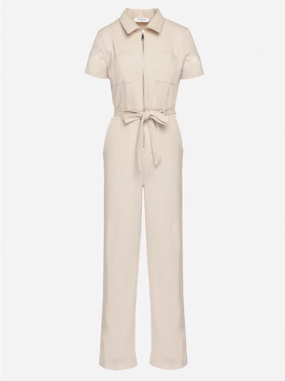 Saks Fifth Avenue Cream Short-Sleeve Zip-Front Utility Jumpsuit